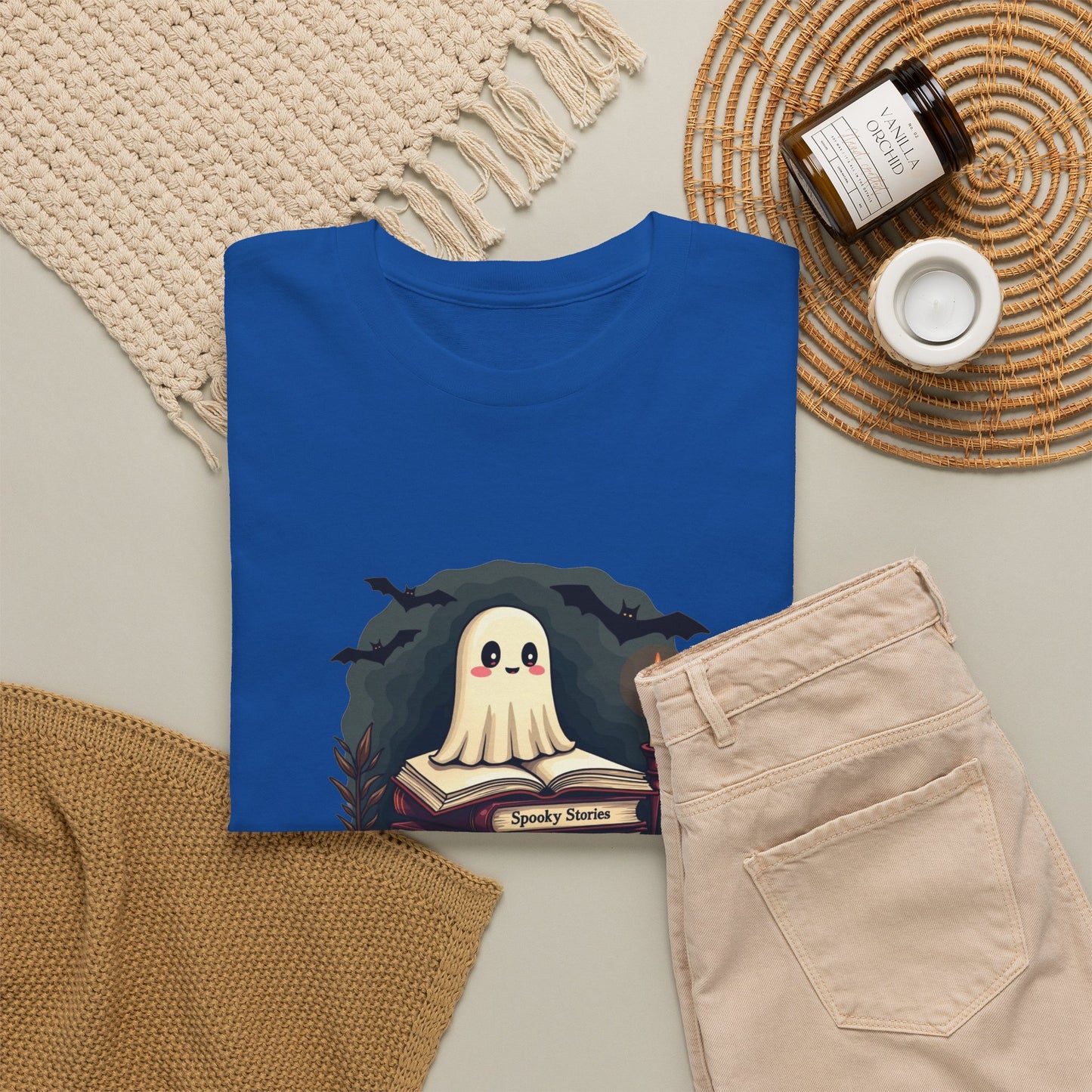 Ghost Reader T-Shirt — Cute Ghost on Stacked Books Halloween Tee