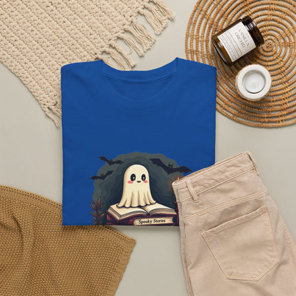 Ghost Reader T-Shirt — Cute Ghost on Stacked Books Halloween Tee