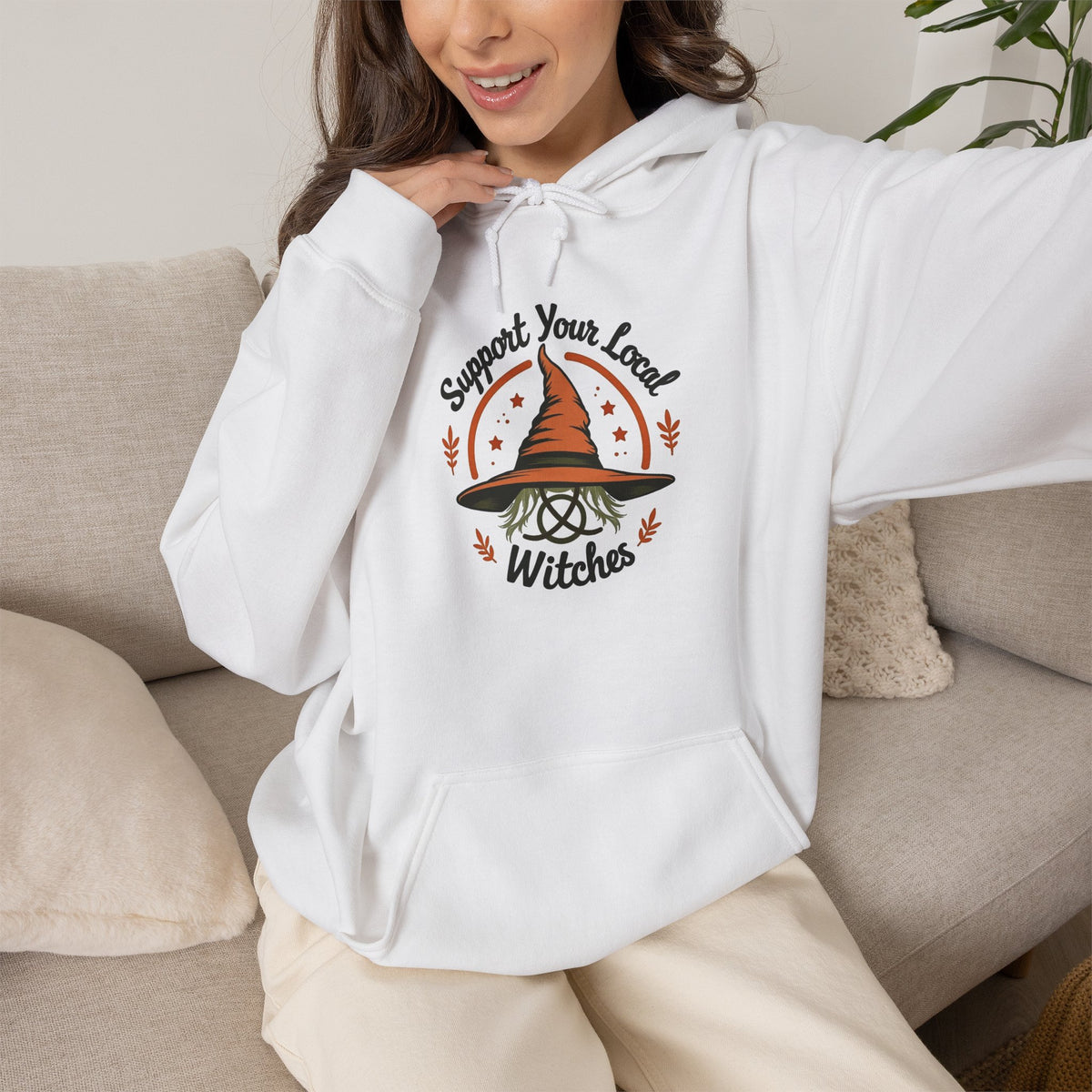 Support Your Local Witches Hoodie — Cute Witch Hat Graphic Pullover for Halloween