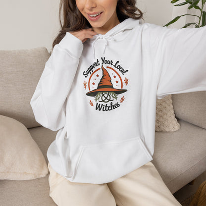 Support Your Local Witches Hoodie — Cute Witch Hat Graphic Pullover for Halloween
