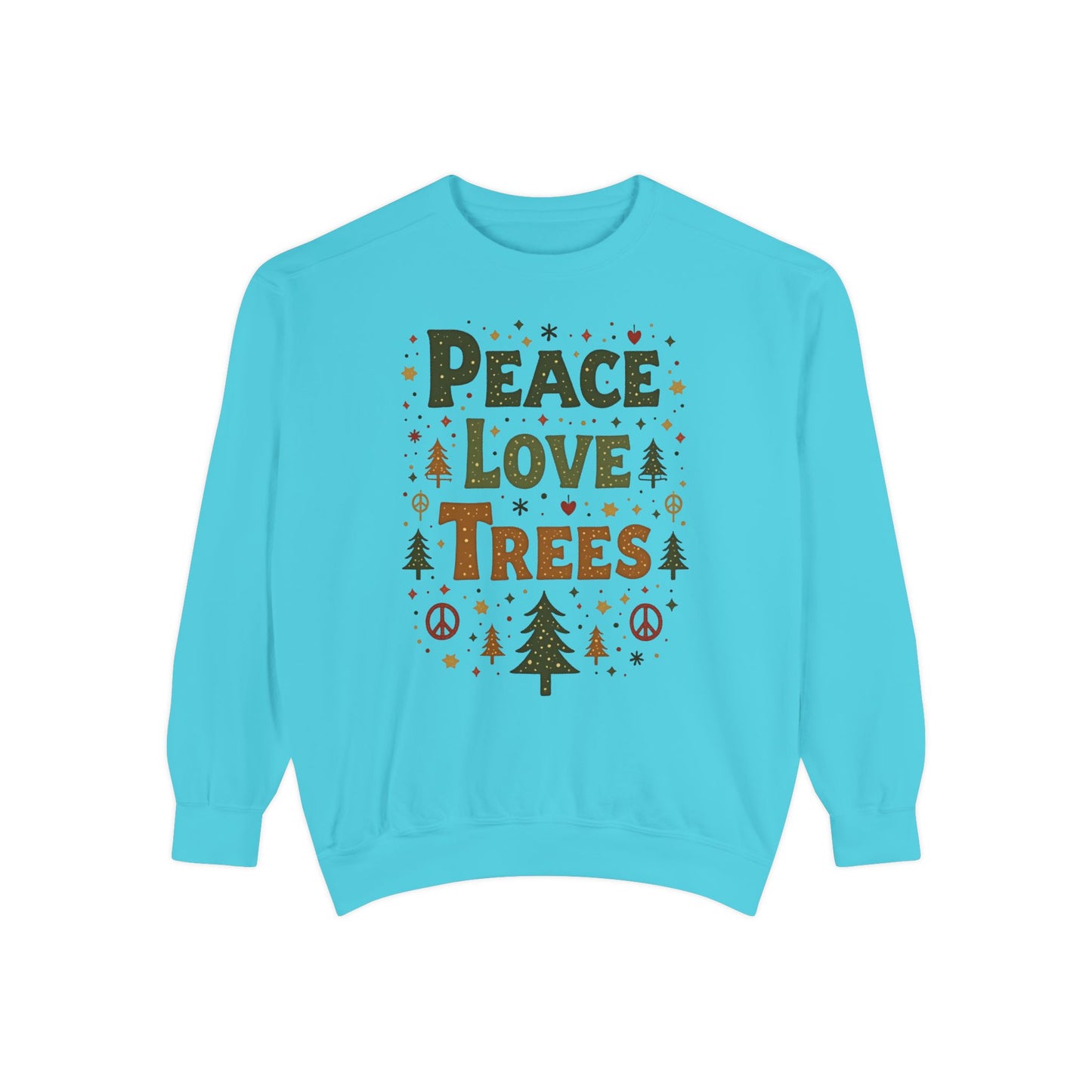 Peace Love Trees Sweatshirt — Eco Holiday Tree Graphic Sweatshirt