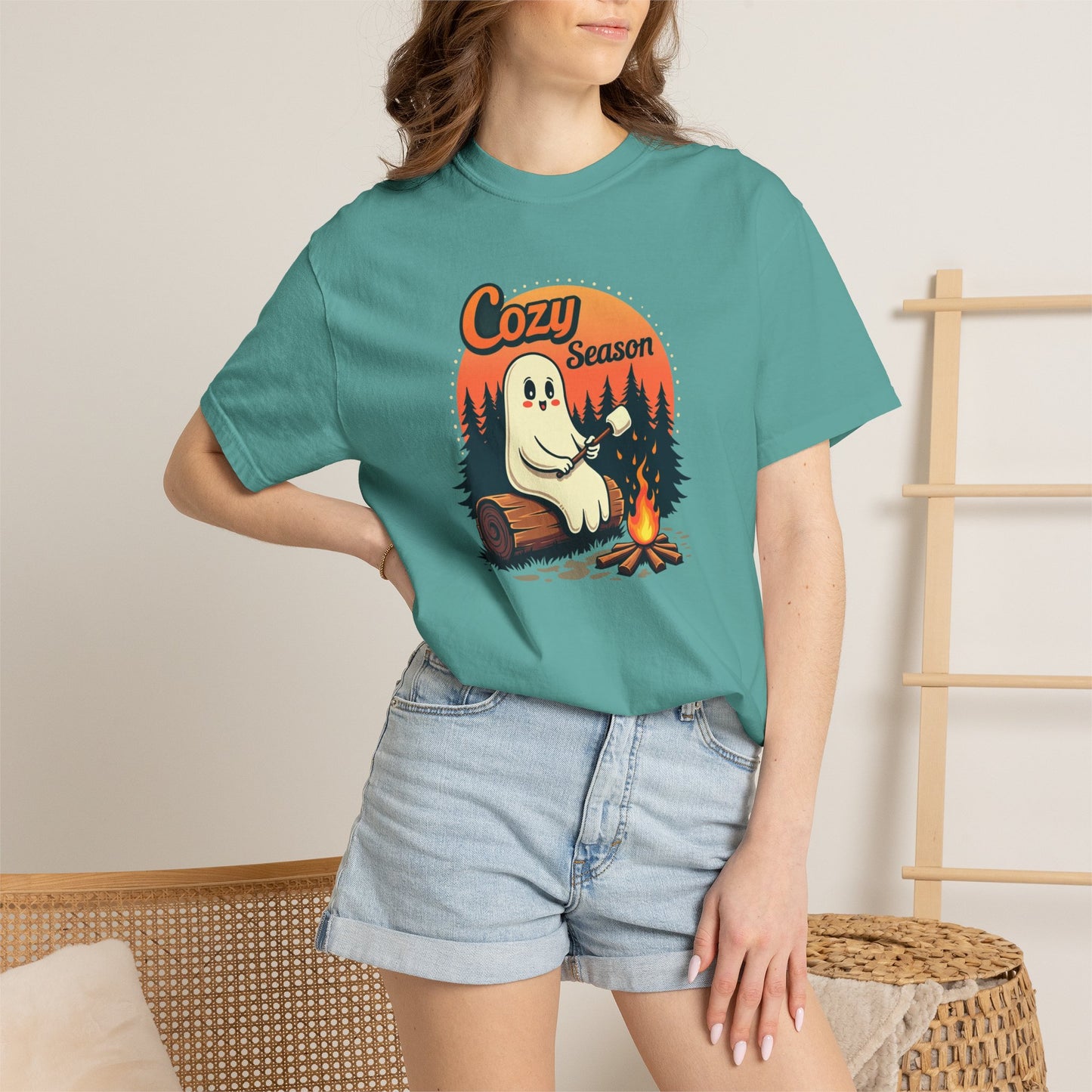 Cozy Season Ghost Tee — Campfire Autumn Graphic T-Shirt