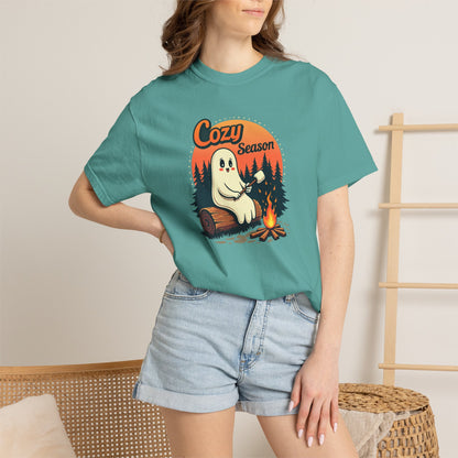Cozy Season Ghost Tee — Campfire Autumn Graphic T-Shirt