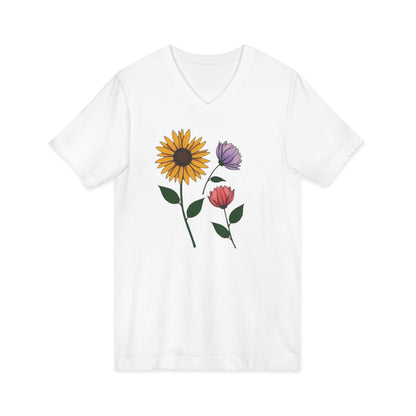 Floral Trio V-Neck Tee — Sunflower & Wildflower Botanical Graphic Shirt