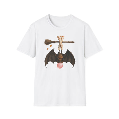 Bat and Bubblegum Unisex Softstyle T-Shirt, Halloween Top, Whimsical Graphic Tee, Cute Gift for Animal Lovers, Fall Vibes