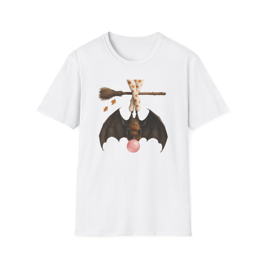 Bat and Bubblegum Unisex Softstyle T-Shirt, Halloween Top, Whimsical Graphic Tee, Cute Gift for Animal Lovers, Fall Vibes