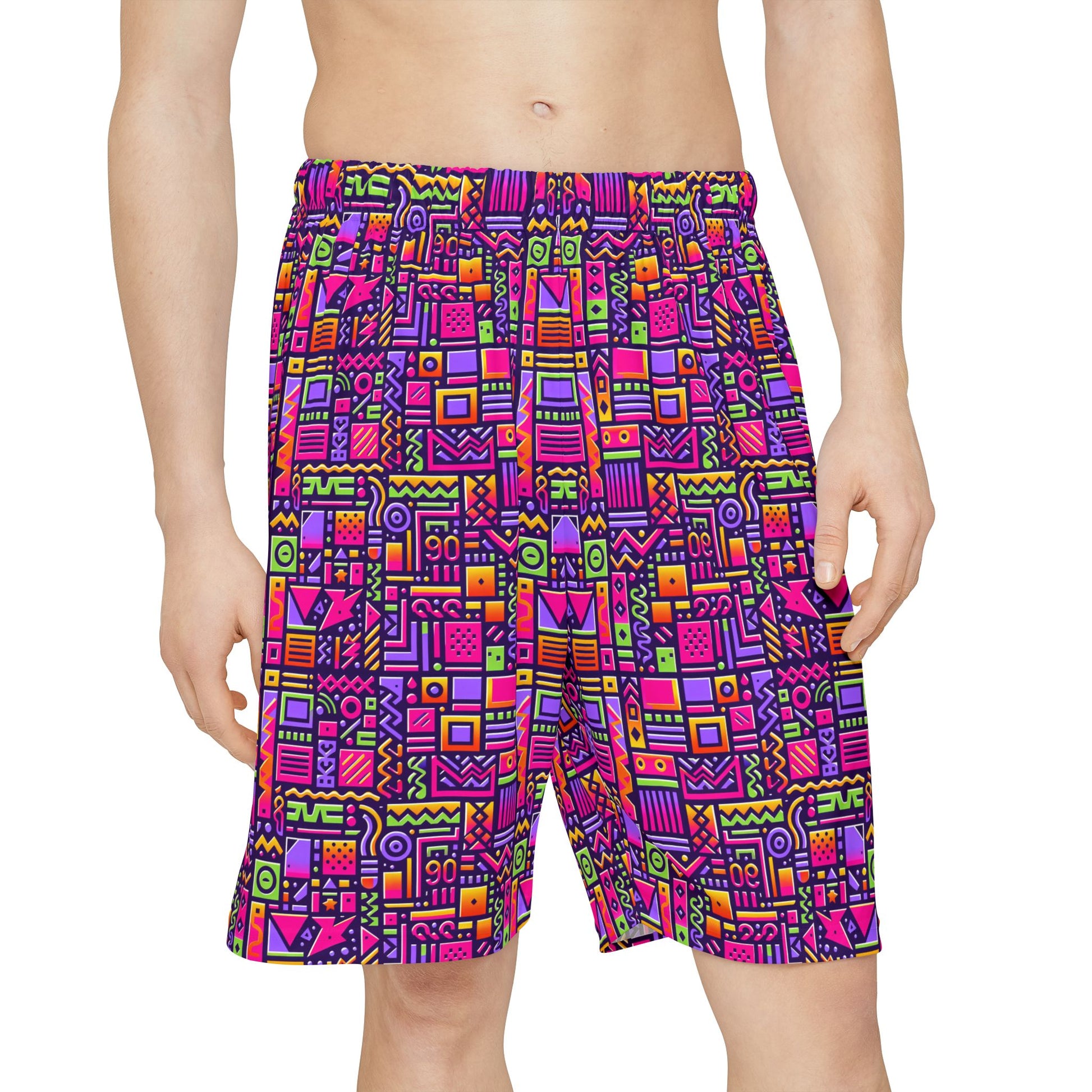 Retro 90's Style Geometric Pattern, Men’s Sports Shorts (AOP) - Psychonaut Swag
