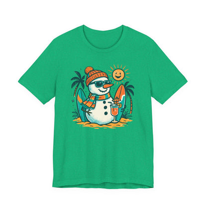 Frosty on Vacation Graphic Tee — Surfing Snowman with Drink Summer Holiday T-Shirt