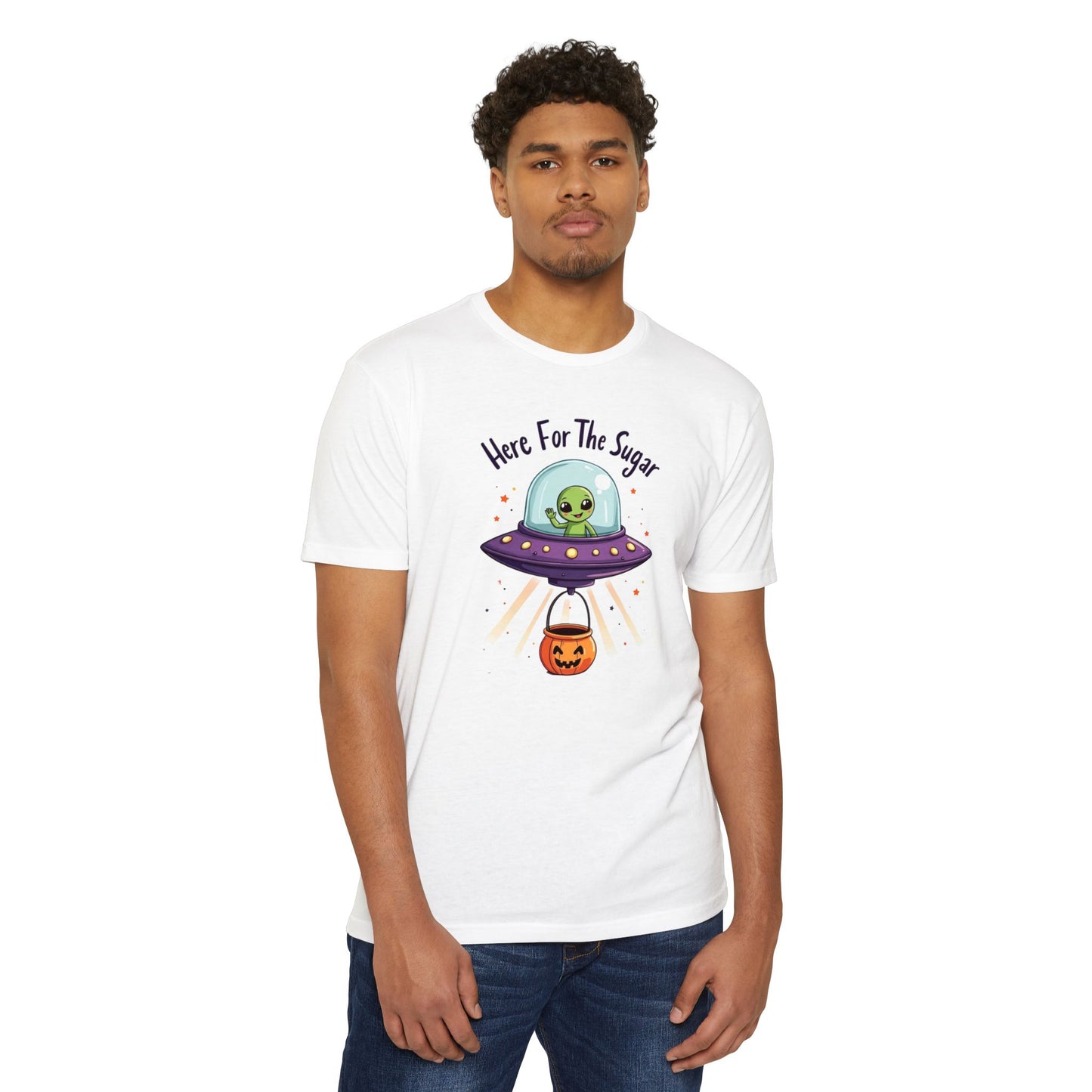 Halloween Alien T-Shirt — "Here For The Sugar" Cute UFO Trick-or-Treat Tee