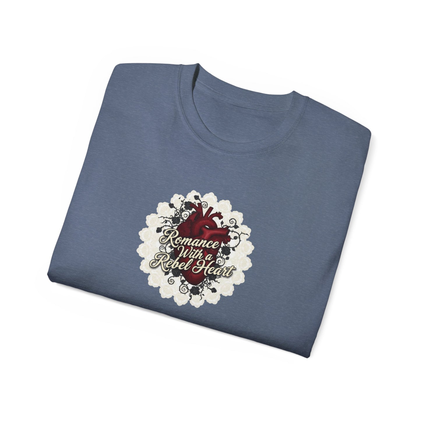 Romance with a Rebel Heart Tee — Gothic Floral Heart Graphic T-Shirt