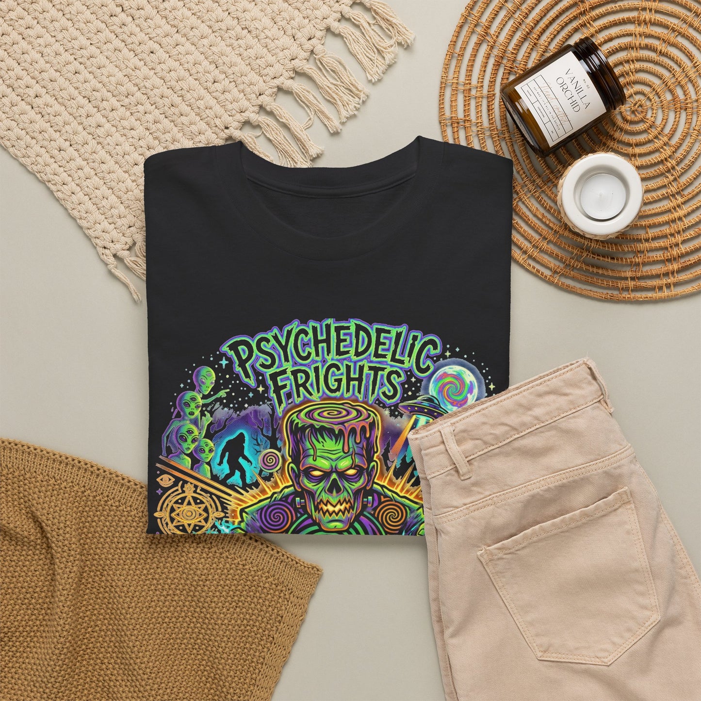 Psychedelic Monsters Halloween Tee — Spooky Pumpkin and Sasquatch Horror Graphic T-Shirt