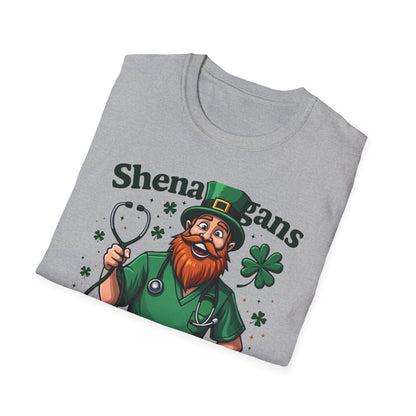 St. Patrick's Day T-Shirt — "Shenanigans Shift Survivor" Leprechaun Work Tee