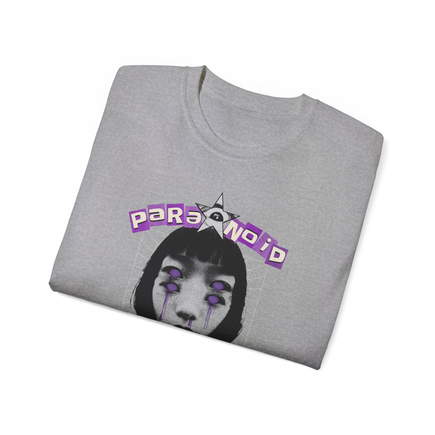 Paranoid in Vegas, Retro Cyber Goth Tee — Purple Distorted Face Graphic Shirt