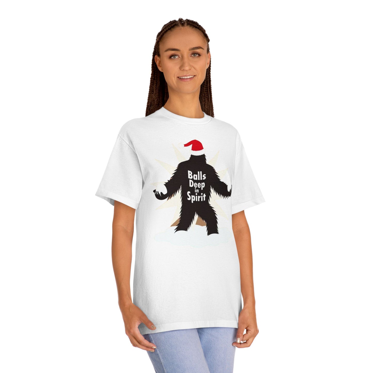 Bigfoot Holiday Tee — "Balls Deep Spirit" Funny Christmas Sasquatch T-Shirt