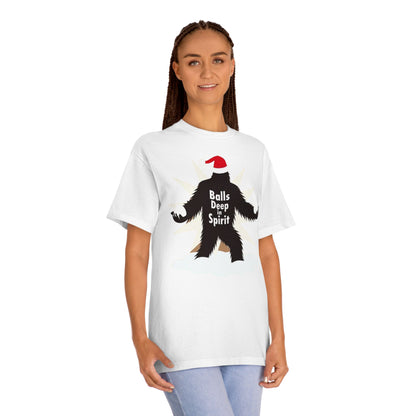 Bigfoot Holiday Tee — "Balls Deep Spirit" Funny Christmas Sasquatch T-Shirt