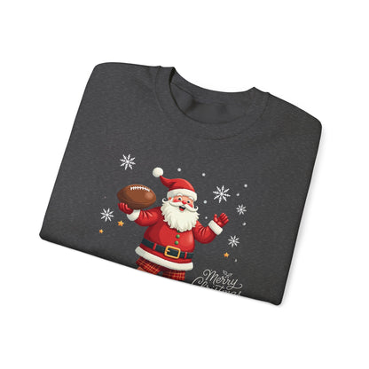 Santa Throwing Football, Christmas Sweatshirt - Jolly Santa with 'Merry Christmas' Graphic