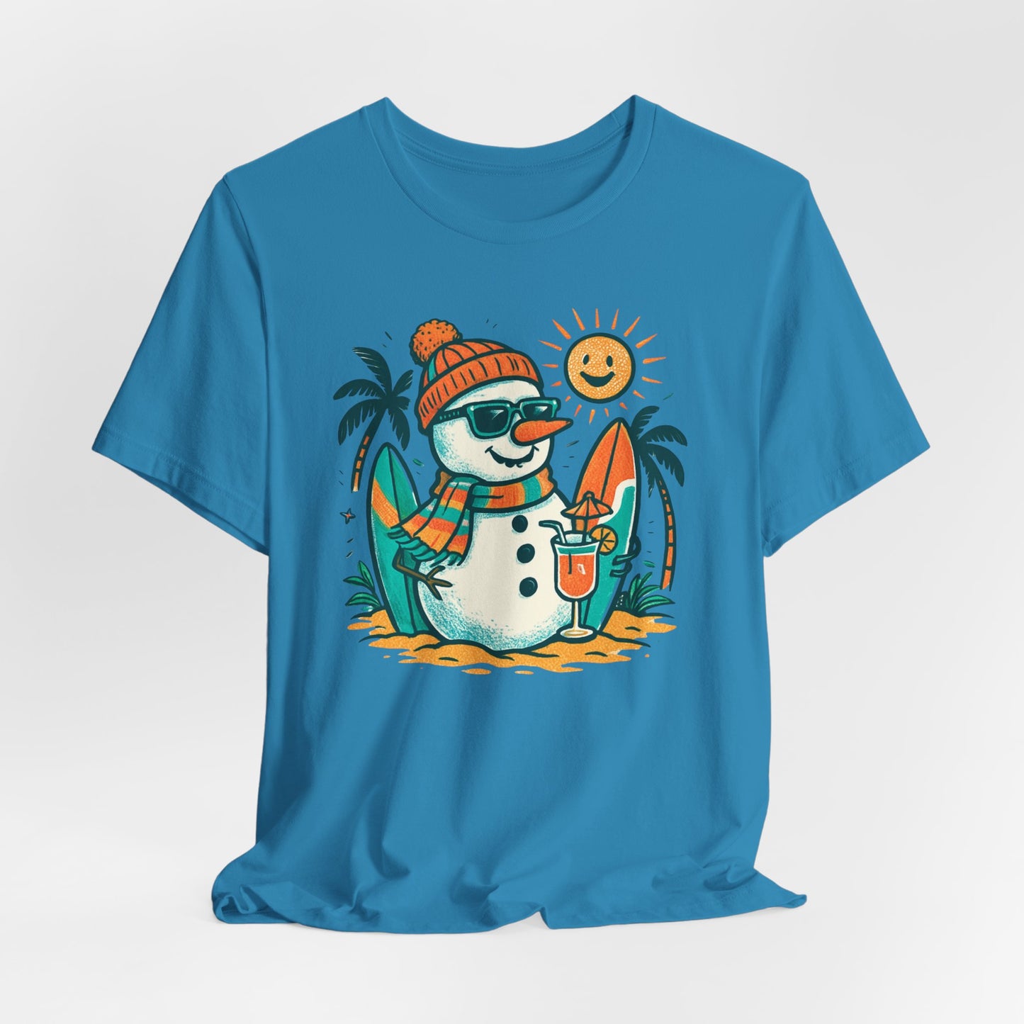 Frosty on Vacation Graphic Tee — Surfing Snowman with Drink Summer Holiday T-Shirt