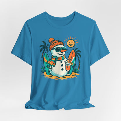 Frosty on Vacation Graphic Tee — Surfing Snowman with Drink Summer Holiday T-Shirt