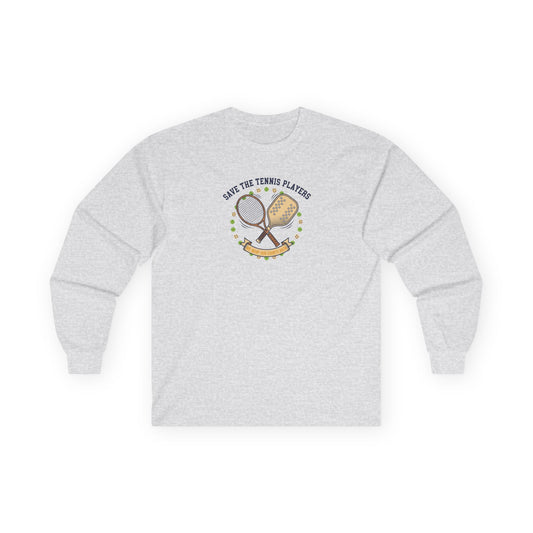 Save the Tennis Players Long Sleeve Tee — Vintage Tennis Racket Graphic