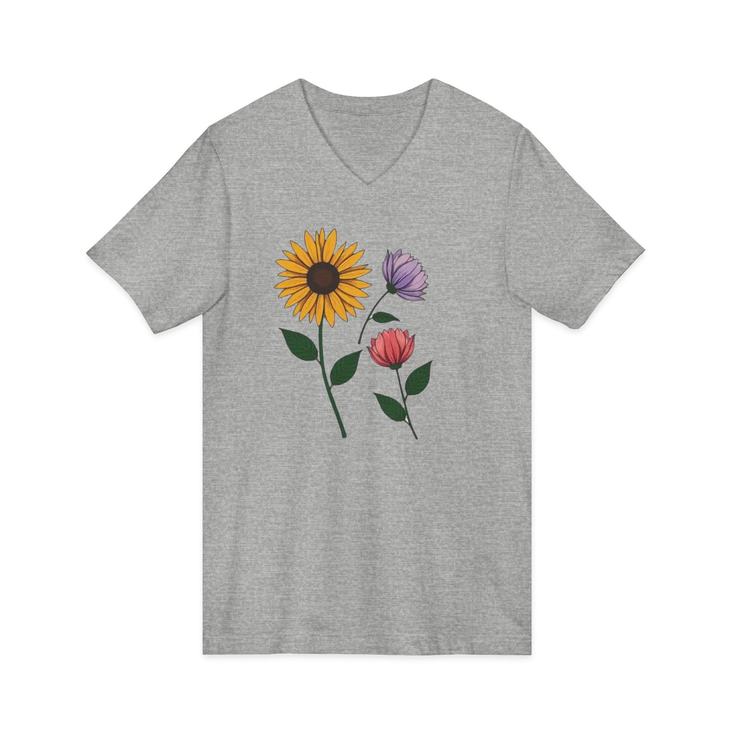 Floral Trio V-Neck Tee — Sunflower & Wildflower Botanical Graphic Shirt