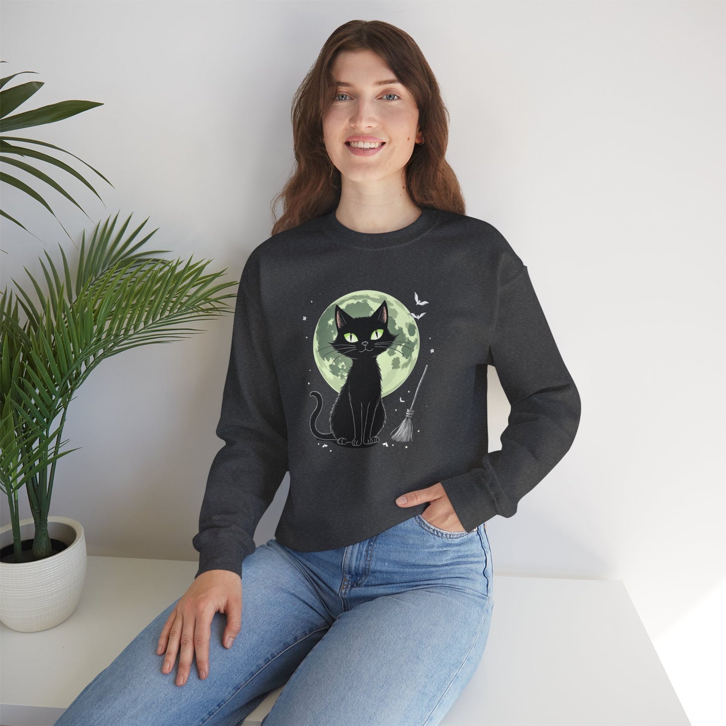 Black Cat Moon Crewneck Sweatshirt — Cute Witchy Cat Graphic