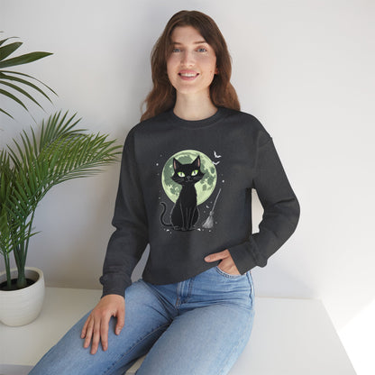 Black Cat Moon Crewneck Sweatshirt — Cute Witchy Cat Graphic