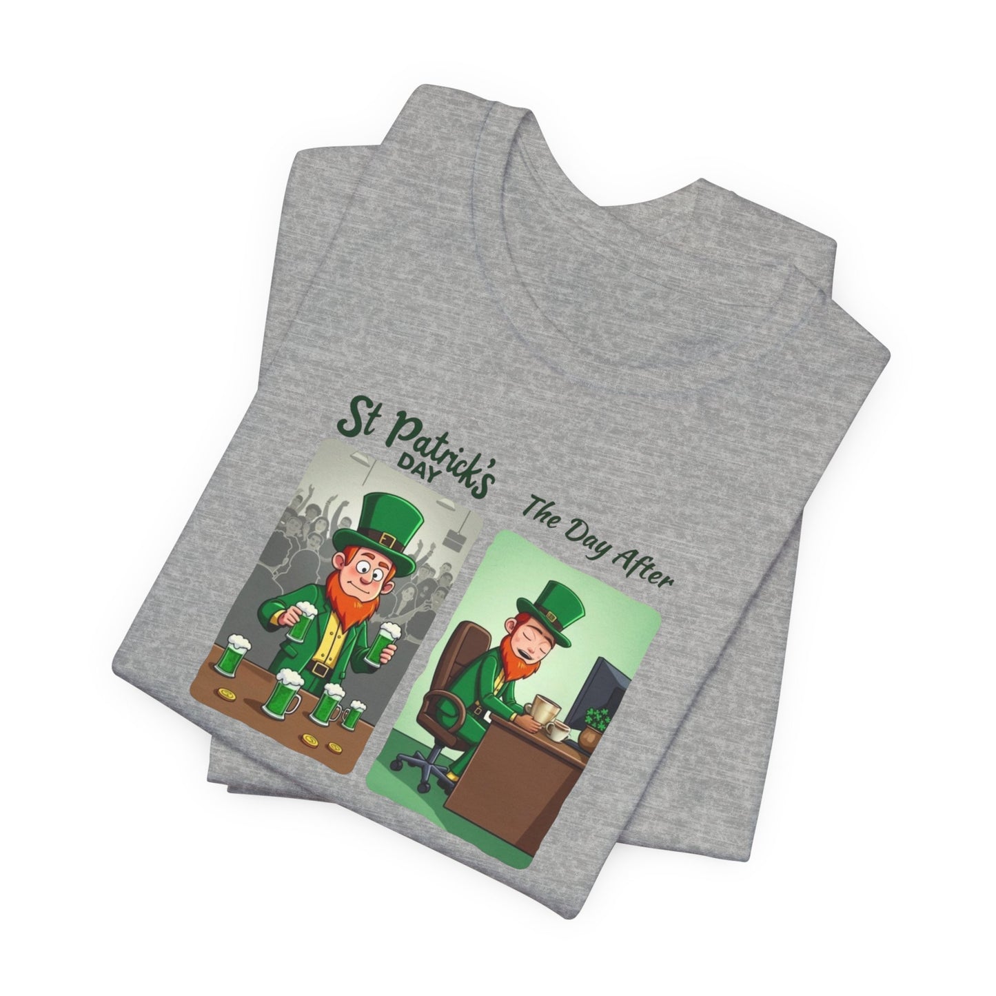 St. Patrick's Day Leprechaun Funny Cartoon T-Shirt — "St. Patrick's Day / The Day After" Tee