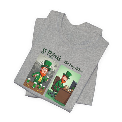 St. Patrick's Day Leprechaun Funny Cartoon T-Shirt — "St. Patrick's Day / The Day After" Tee