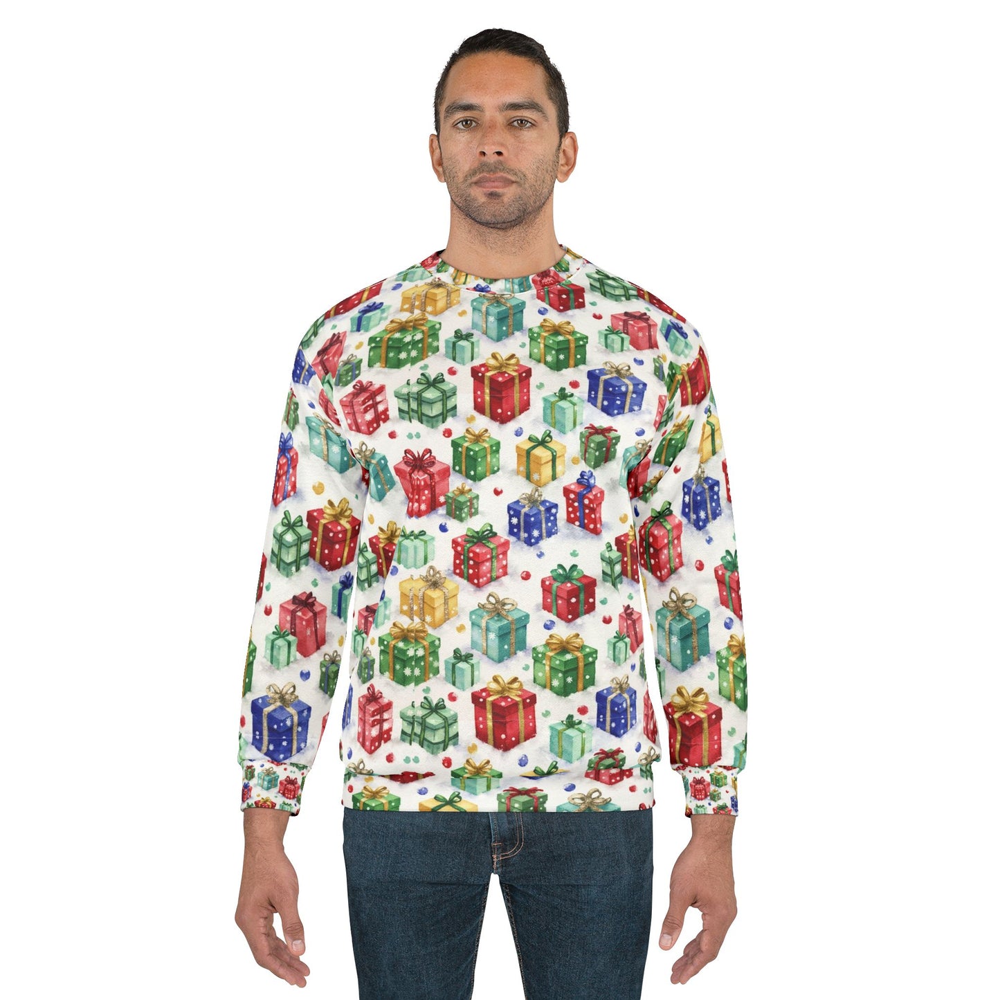 Gift Box Pattern Sweatshirt — All-Over-Print Holiday Present Design