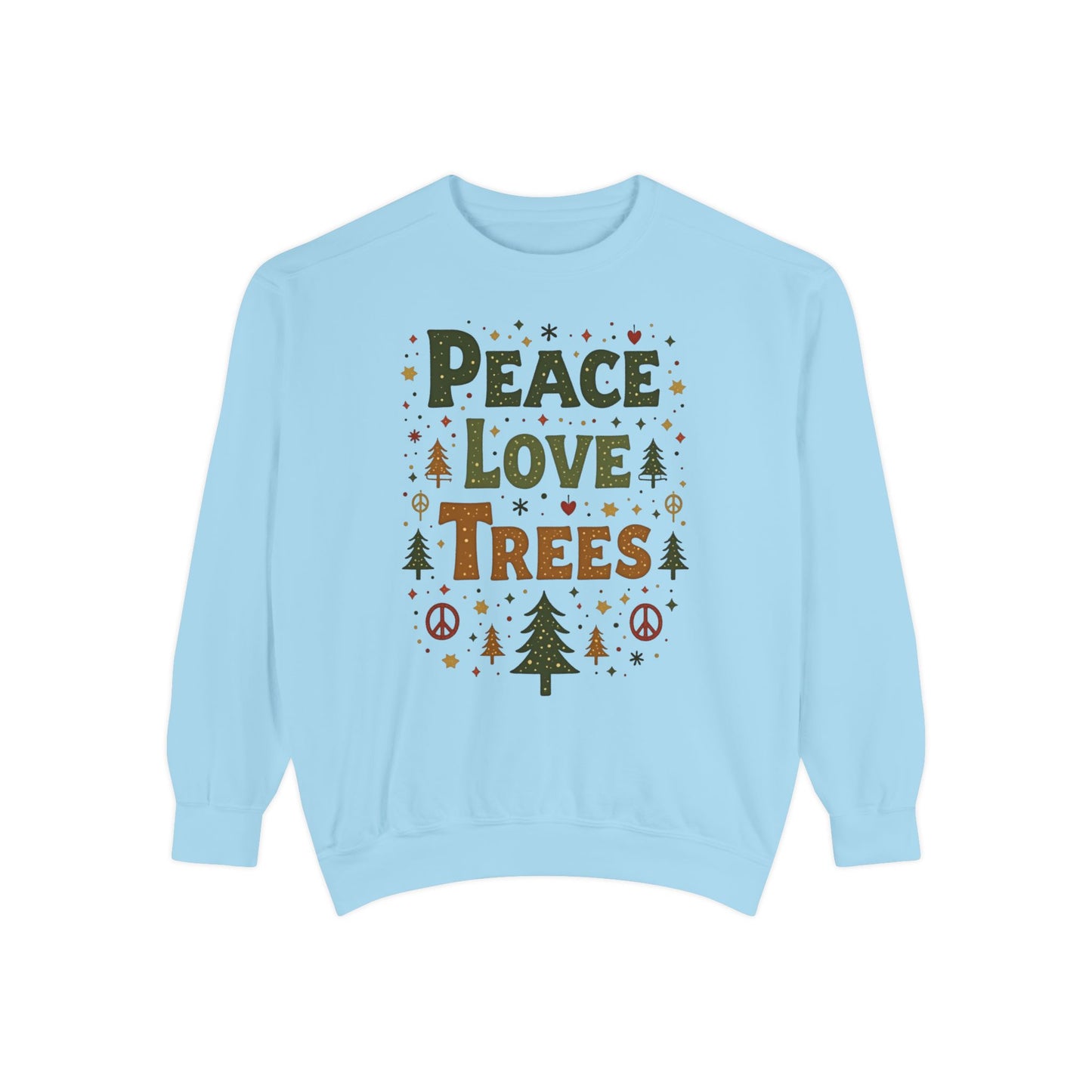 Peace Love Trees Sweatshirt — Eco Holiday Tree Graphic Sweatshirt
