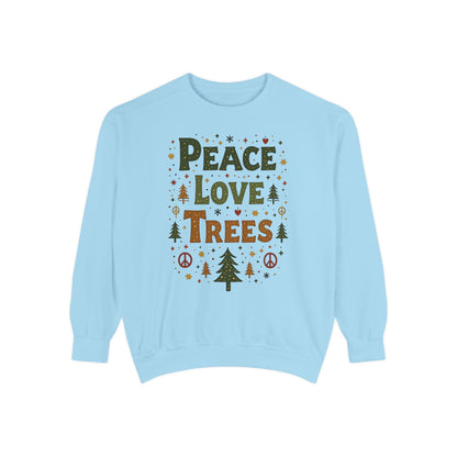 Peace Love Trees Sweatshirt — Eco Holiday Tree Graphic Sweatshirt