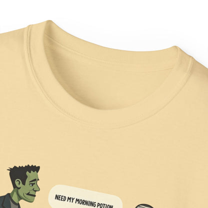Funny Halloween Tee — Frankenstein & Mummy Coffee Joke Shirt