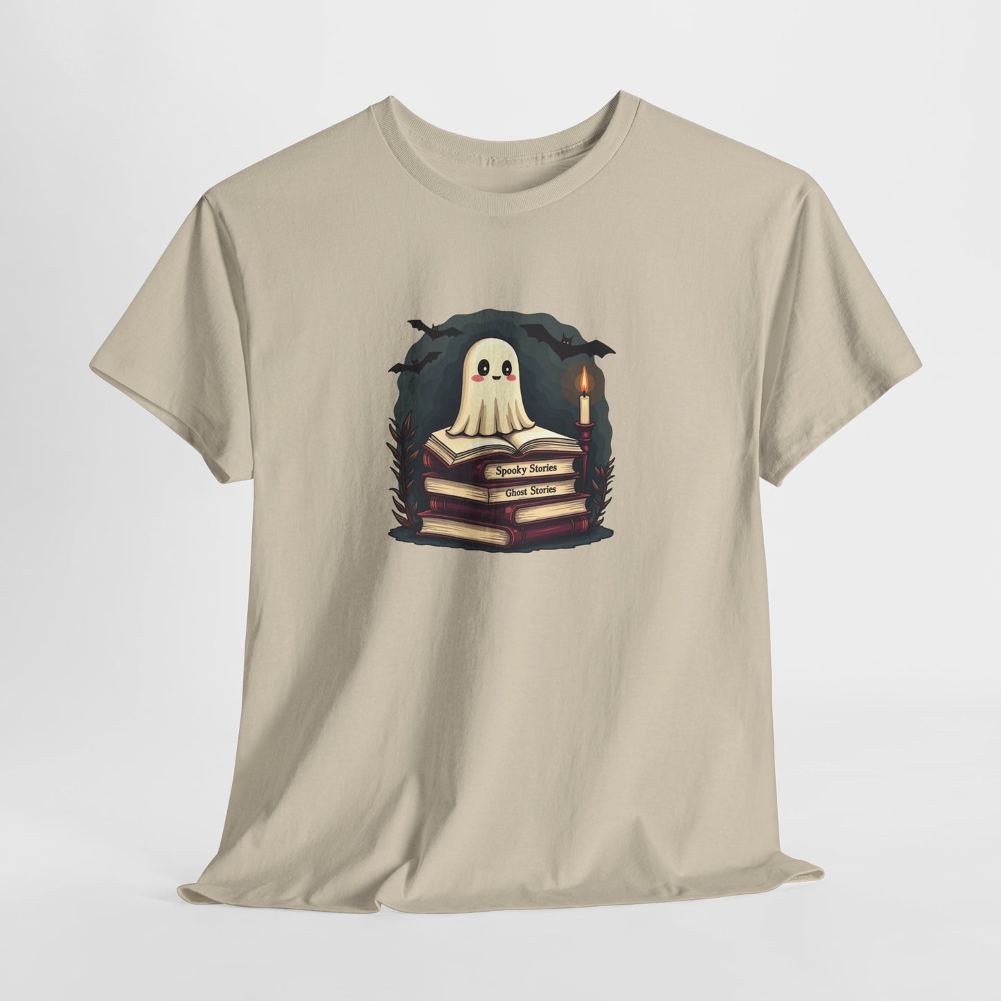 Ghost Reader T-Shirt — Cute Ghost on Stacked Books Halloween Tee