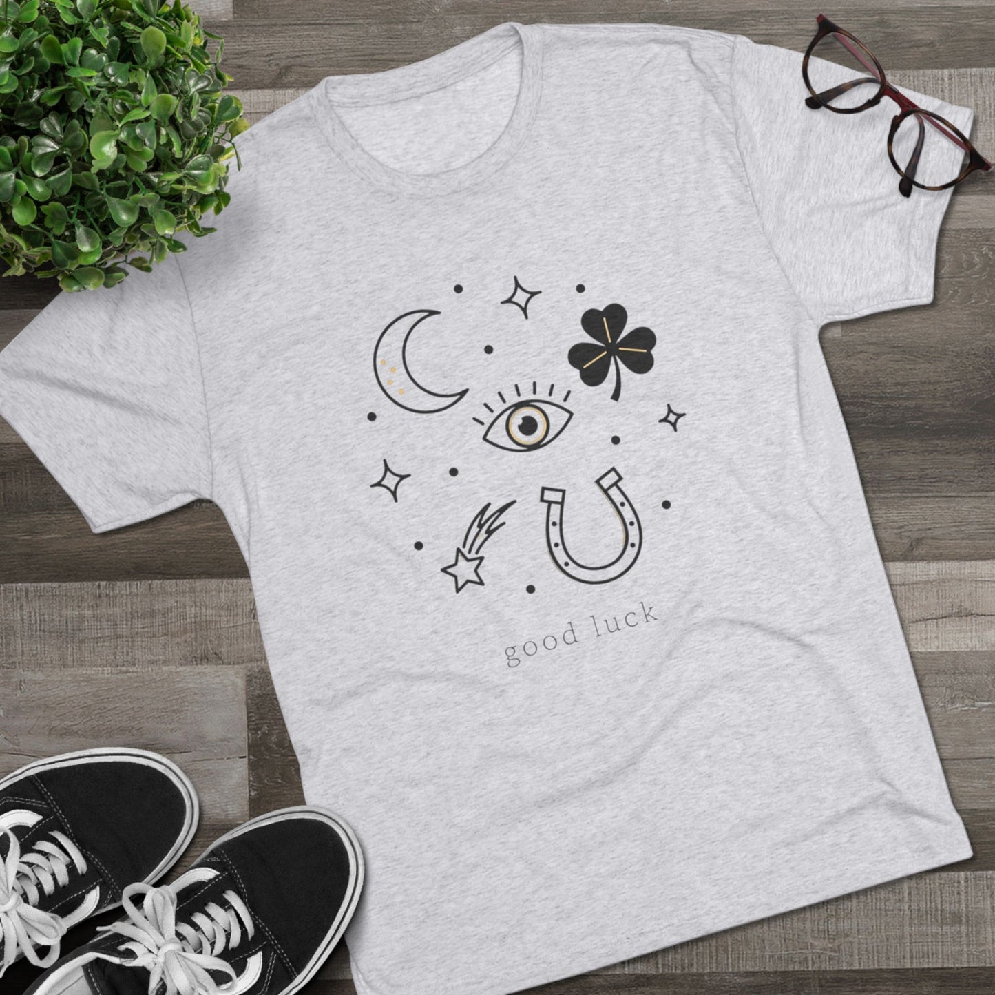 Good Luck Symbols Tee — Minimal Mystic Crescent, Eye, Horseshoe & Clover Graphic Shirt