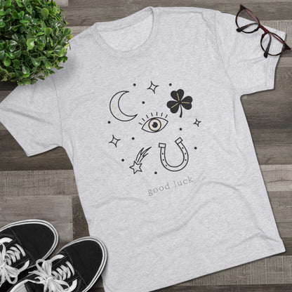 Good Luck Symbols Tee — Minimal Mystic Crescent, Eye, Horseshoe & Clover Graphic Shirt
