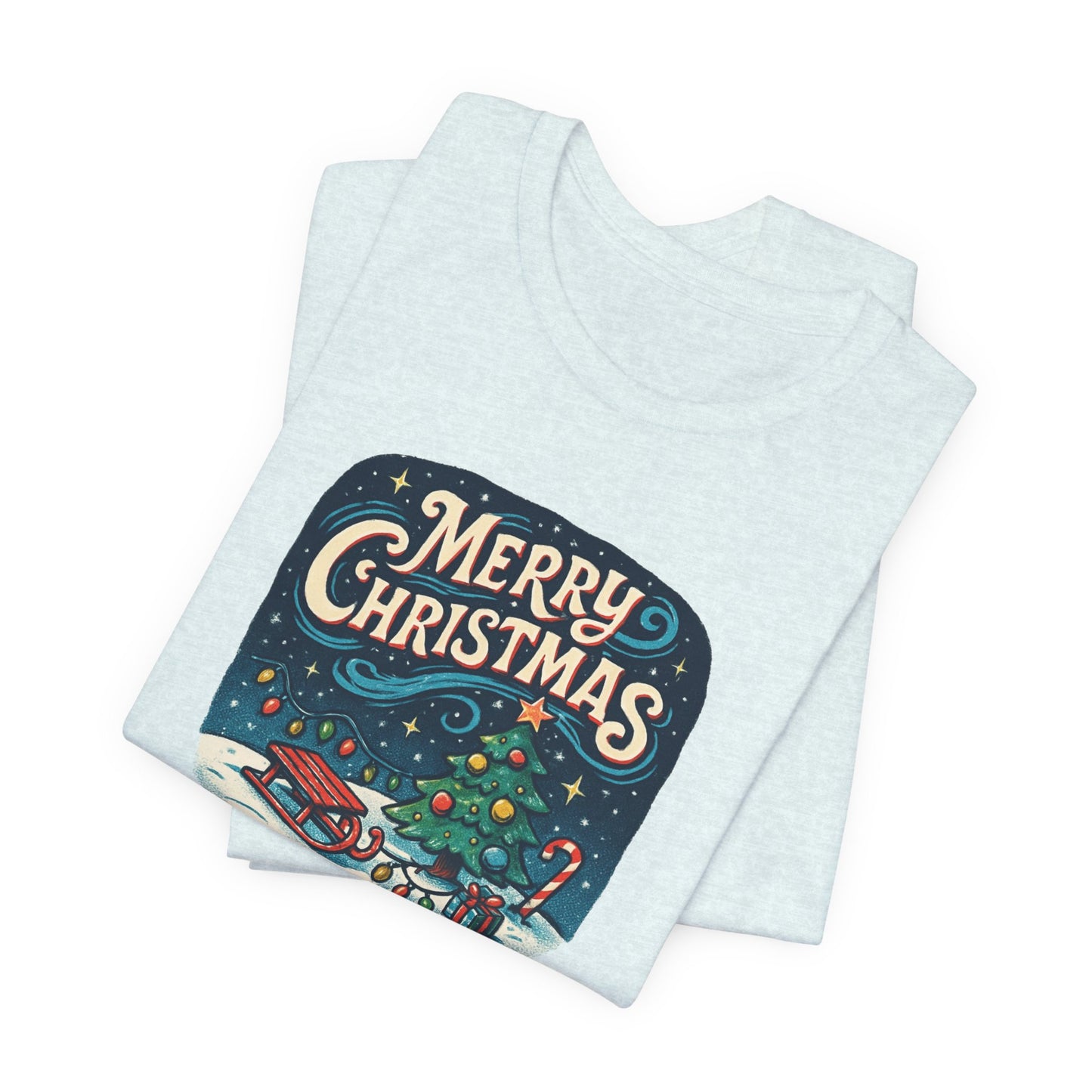Merry Christmas Tee — Vintage Holiday Tree & Sled Graphic T-Shirt