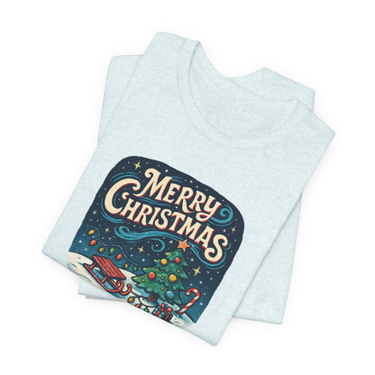 Merry Christmas Tee — Vintage Holiday Tree & Sled Graphic T-Shirt