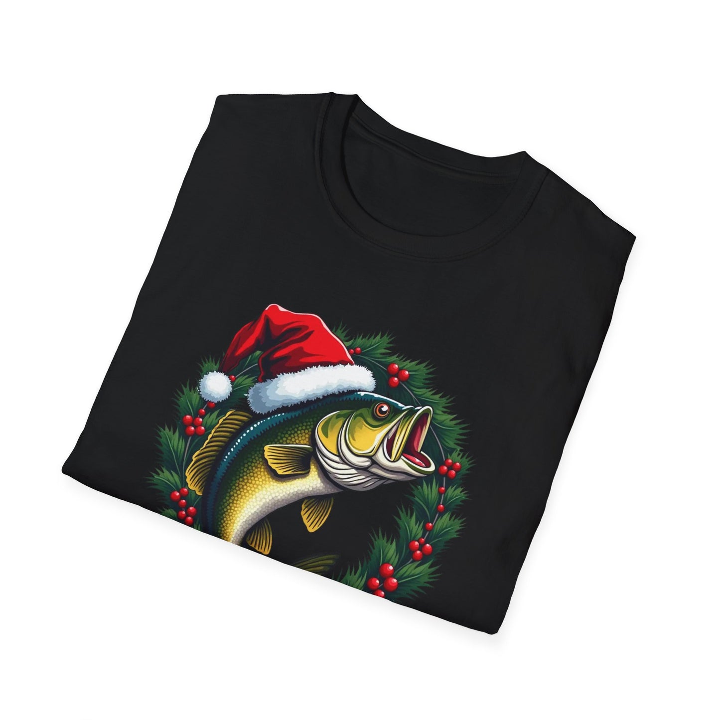 Christmas Wreath Bass Fishing T-Shirt — Santa Hat Fish Holiday Tee