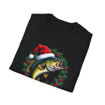 Christmas Wreath Bass Fishing T-Shirt — Santa Hat Fish Holiday Tee