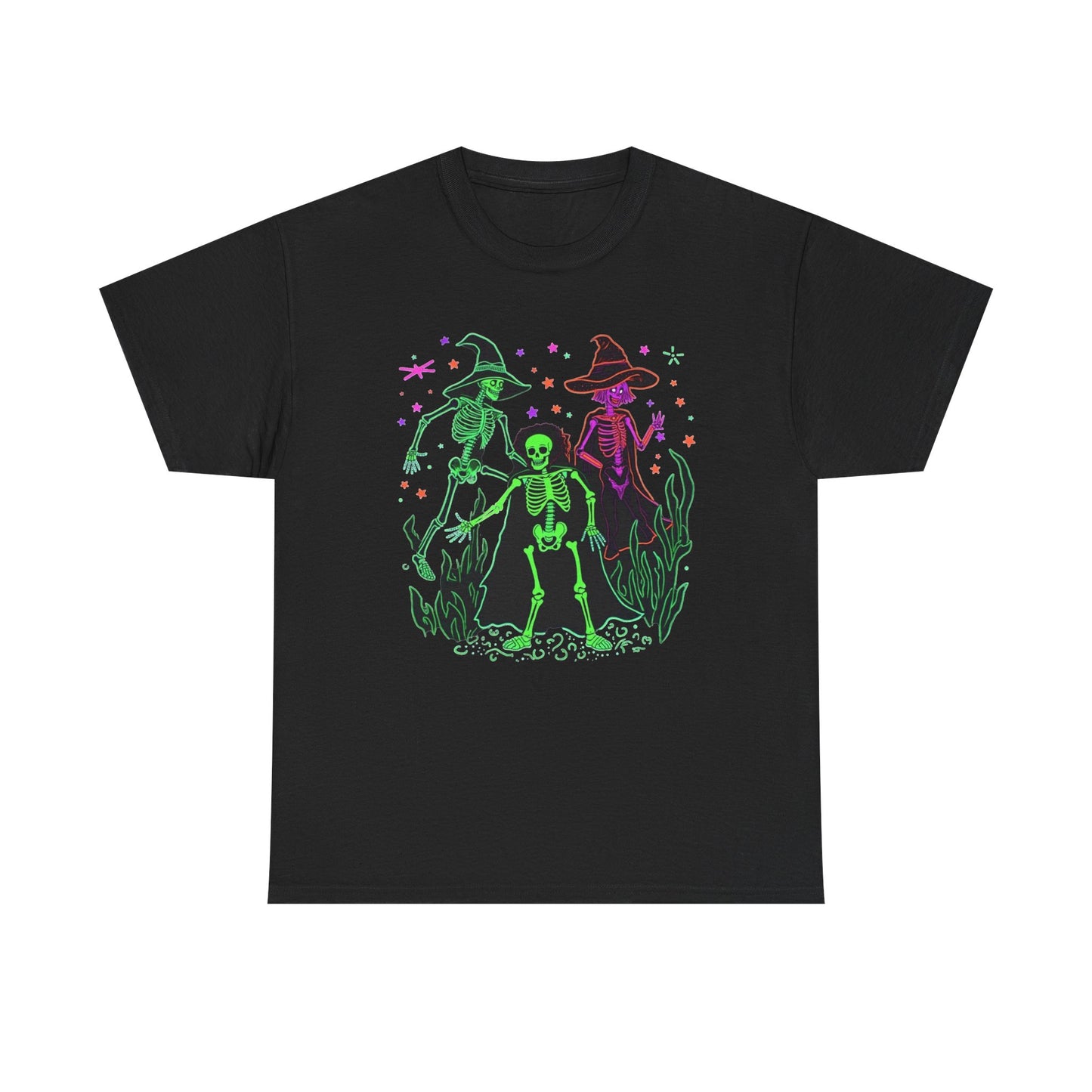 Halloween Neon Witches & Skeleton Tee — Retro Spooky Graphic T-Shirt