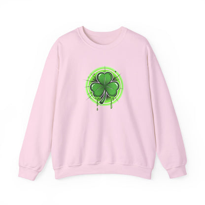 Oozing with Luck, Four-Leaf Clover Crewneck Sweatshirt — Neon Lucky Shamrock St. Patrick’s Day Pullover