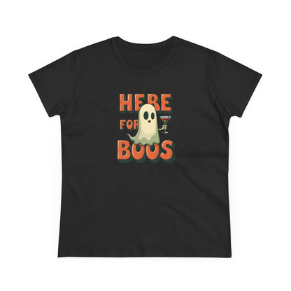 Here for Boos Halloween Ghost Tee — Funny Women’s Halloween T-Shirt with Cocktail Ghost