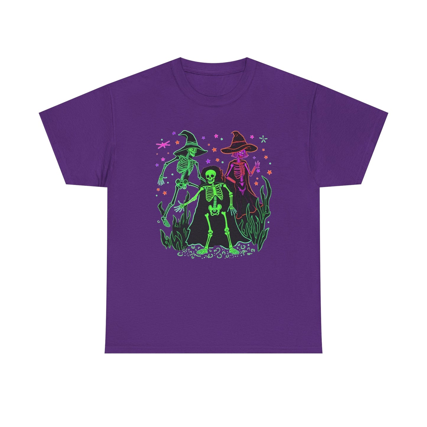 Halloween Neon Witches & Skeleton Tee — Retro Spooky Graphic T-Shirt