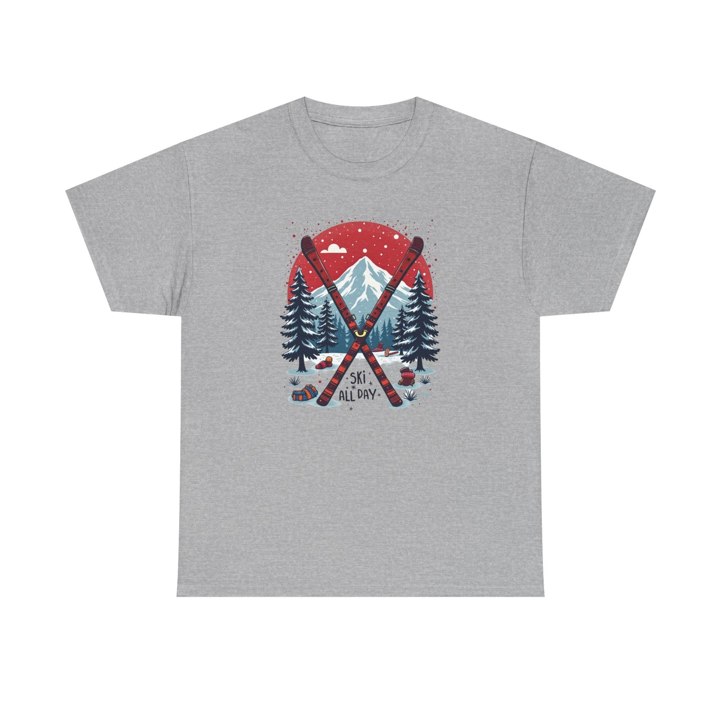 Ski All Day T-Shirt – Vintage Mountain Skis, Trees & Snow Graphic
