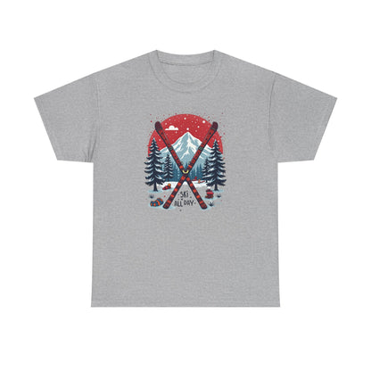 Ski All Day T-Shirt – Vintage Mountain Skis, Trees & Snow Graphic