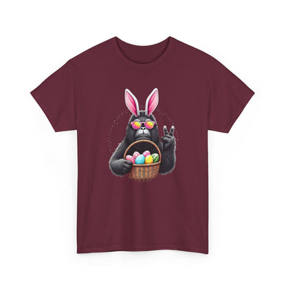 Easter Sasquatch Peace Sign T-Shirt — Cool Black Bunny with Egg Basket