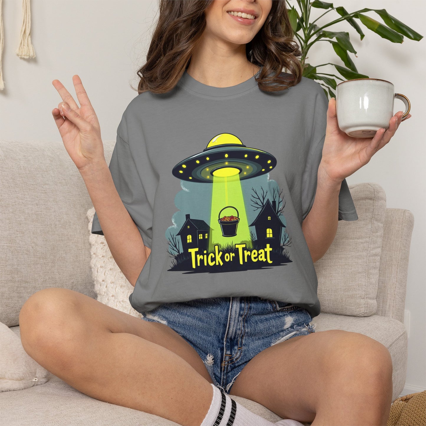 Halloween UFO Trick or Treat T-Shirt — Alien Abduction Spooky Tee