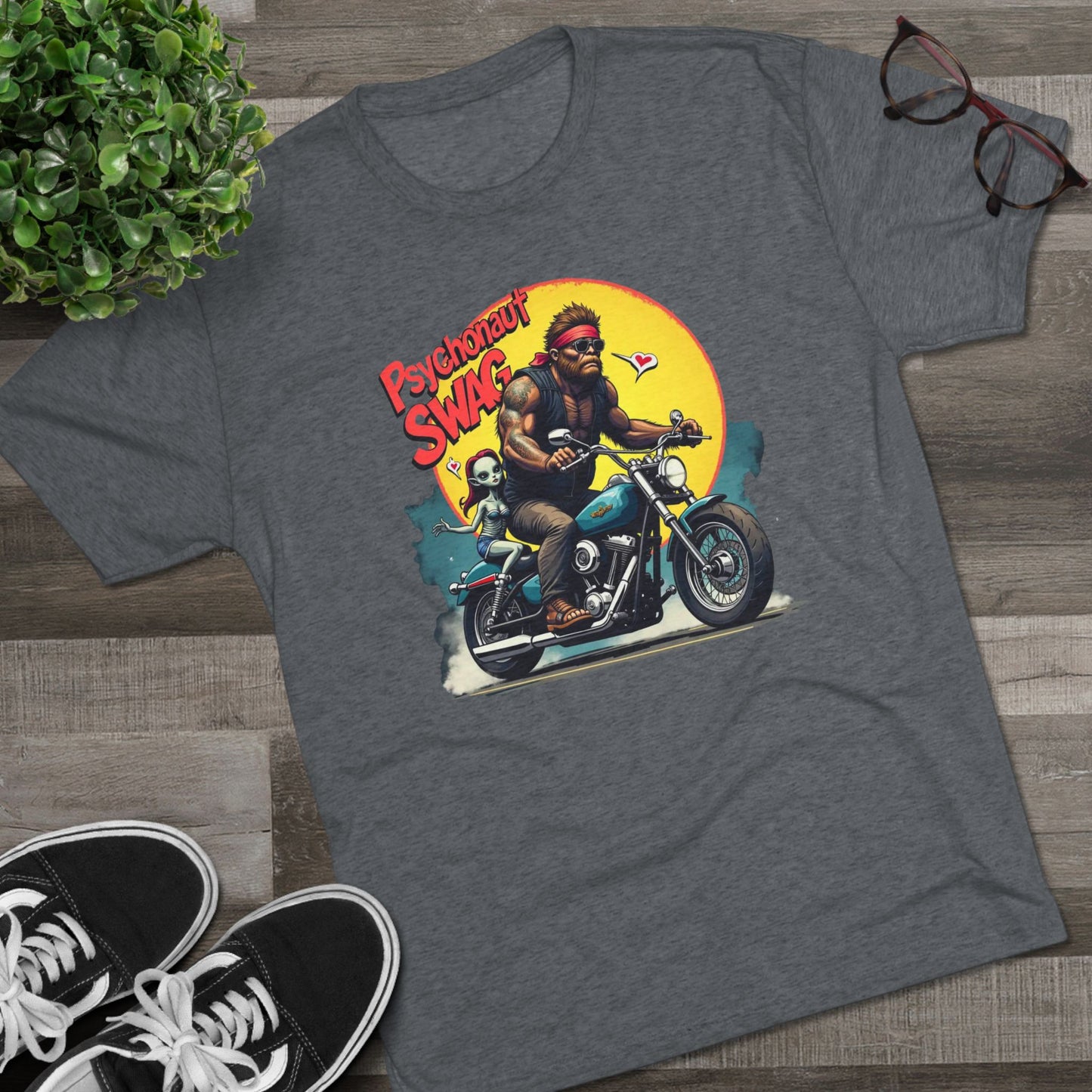 Psychonaut Swag Bigfoot on Motorcycle T-Shirt — Retro Biker Graphic Tee