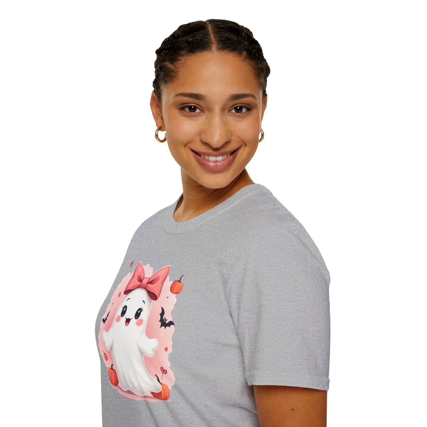 Cute Halloween Ghost T-Shirt — Pink Bow Ghost with Pumpkins & Bats