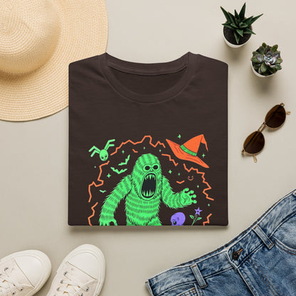 Sasquatch gets angry when out of candy Halloween T‑Shirt — Neon Green Creature Trick‑Or‑Treat Tee